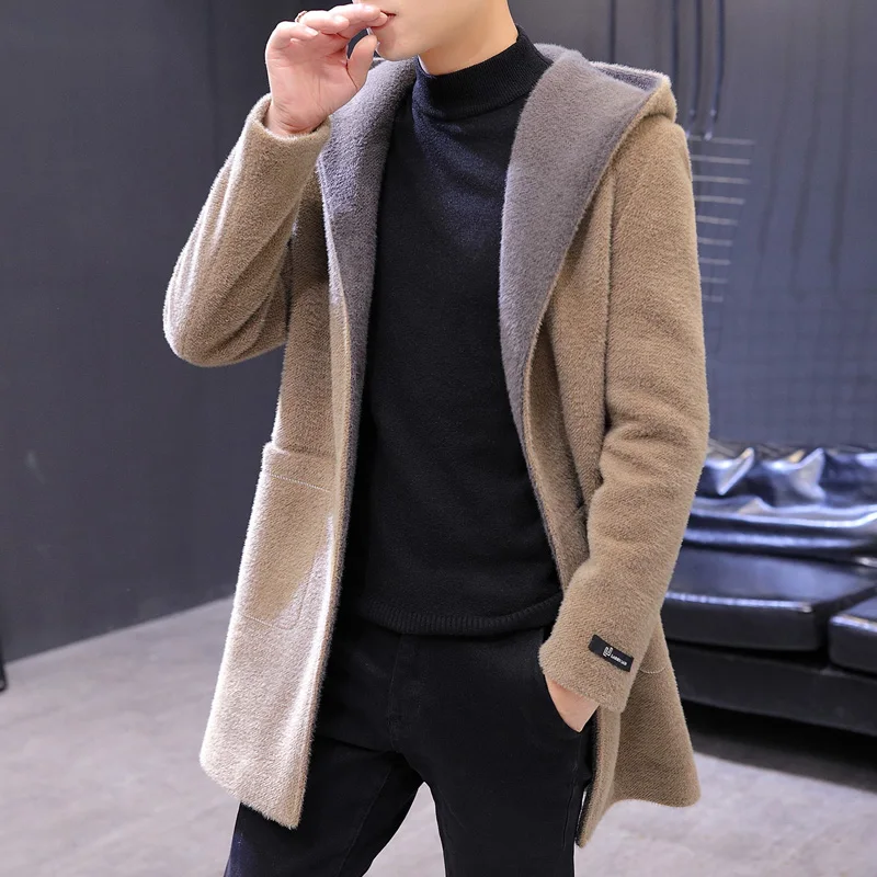 

Winter Coat for Men Golden Sable Fluff Coat with Hood Medium Length and Fleece Thickened Woolen Jacket for Men Polyester