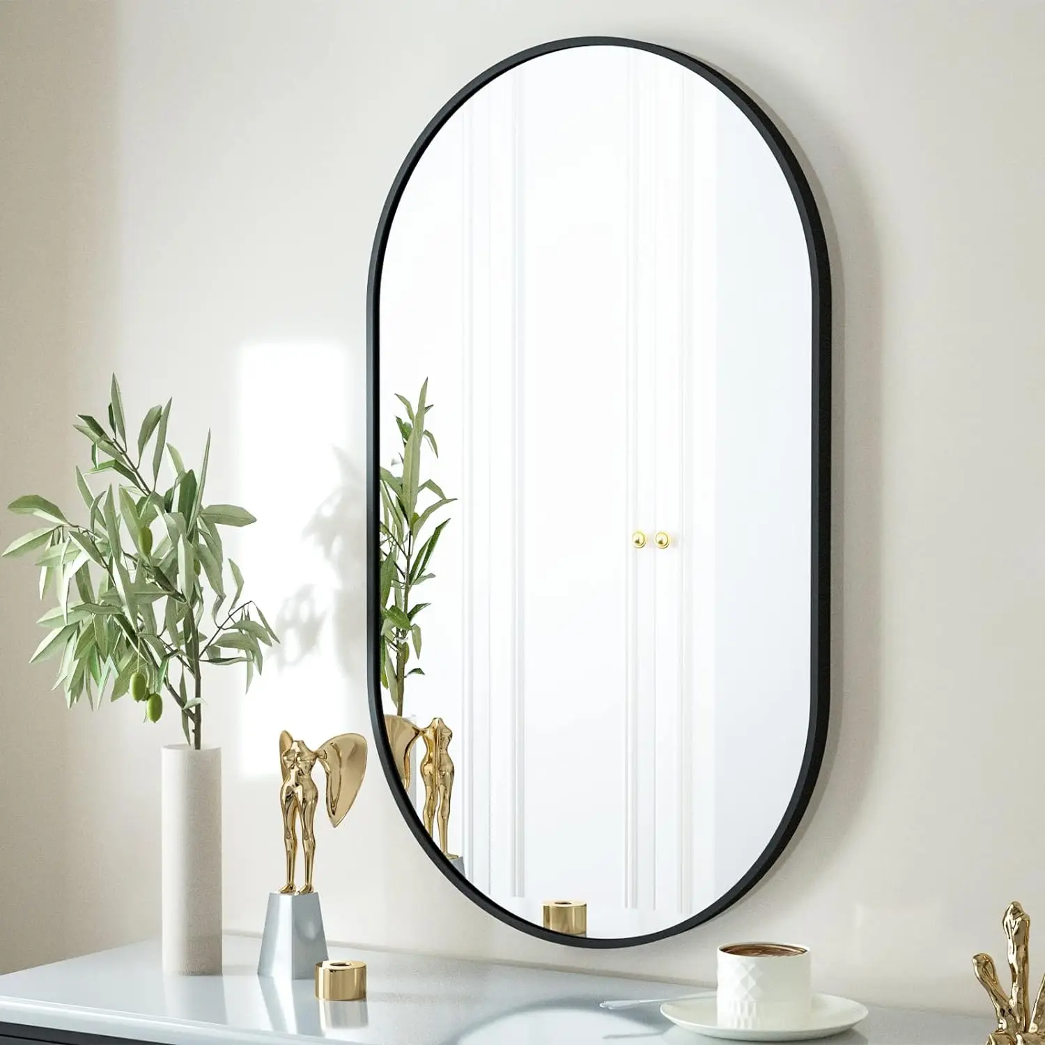 50x100CM Oval Black Metal Framed Wall Mirror Makeup for Living Room Entryway Bathroom Vanity Mirror Decor