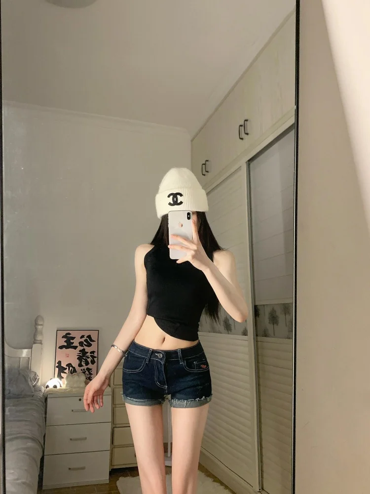 

American Style Low Waist Versatile Dark Denim Short Shorts Women's Size Summer Ultra Short Shorts Wrap around Hot Pants