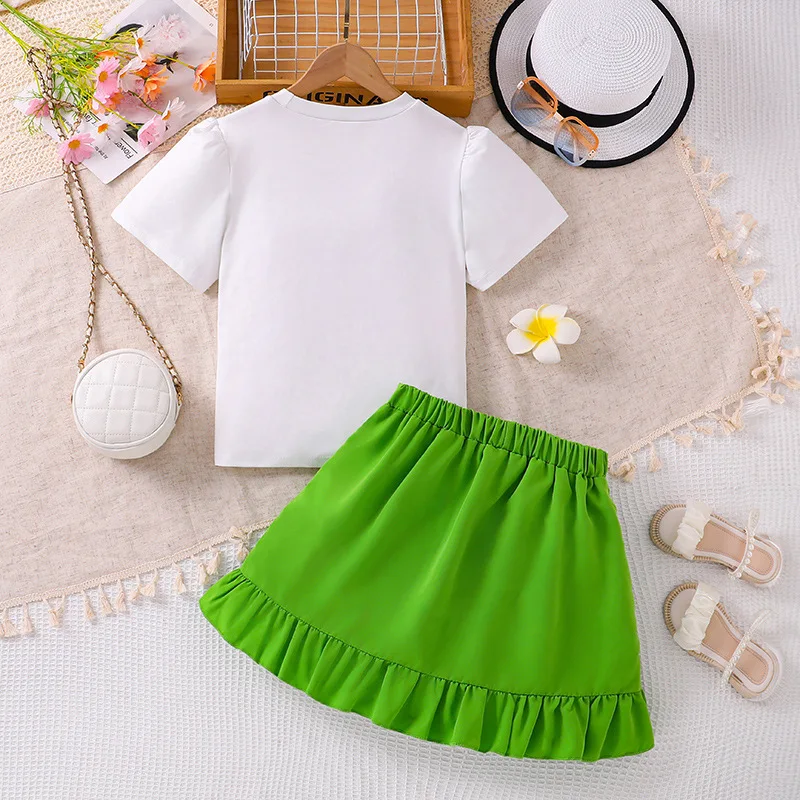 Girl Clothes Summer Two Piece Set White Ruffled Rainbow Printed Sleeveless Top + Green Skirt Casual Vacation Cute Suits 8-12Y