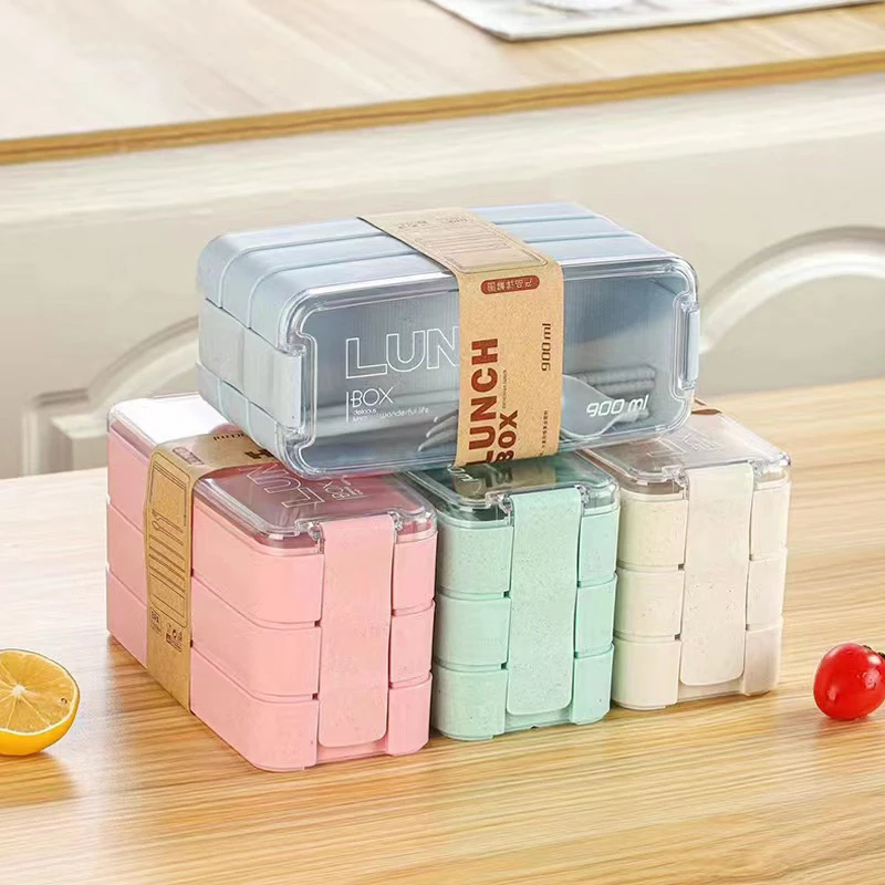 Kids Bento Box 3 Layer Stackable Lunch Box Leakproof Portable Lunch Food Container Wheat Straw Food Storage Box Dishwasher Safe