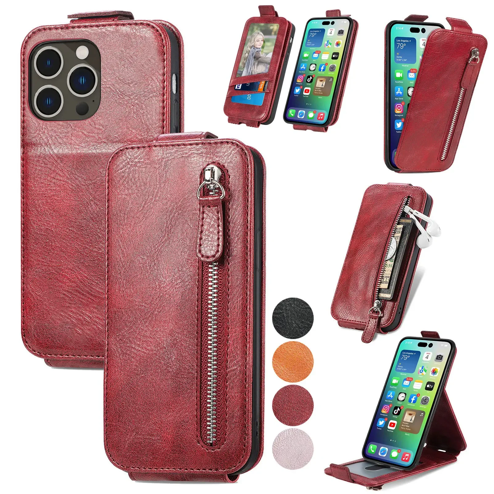 

Вертикальный флип-чехол на молнии для iPhone 15 Plus 14 Pro Max SE 2022 2020 6 6S 7 8 X XR XS Max 11 12 Pro 13 mini, чехол-подставка для телефона