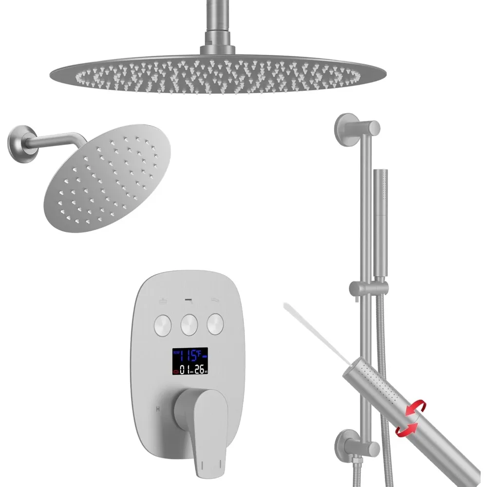 

Brushed Nickel Shower System 3-Function Ceiling Faucet Set with 12" and 8" Rainfall Dual Head and Handheld