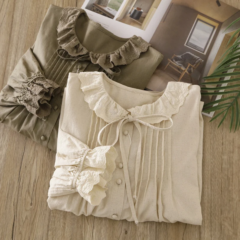 New Spring Autumn Artistic Pleated Lace-trimmed Collar Shirt Women Clothing Solid Color Loose Female Shirt Blouse U089