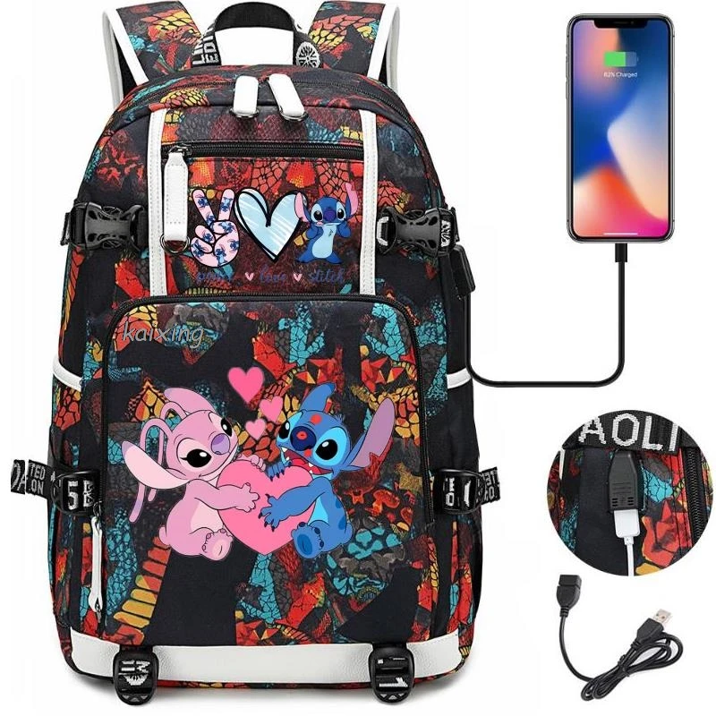 

Lilo And Stitch Backpack Black Bookbag Cartoon School Bags for Teenage Kids Camouflage Travel Bagpack USB Laptop Shoulder Bags