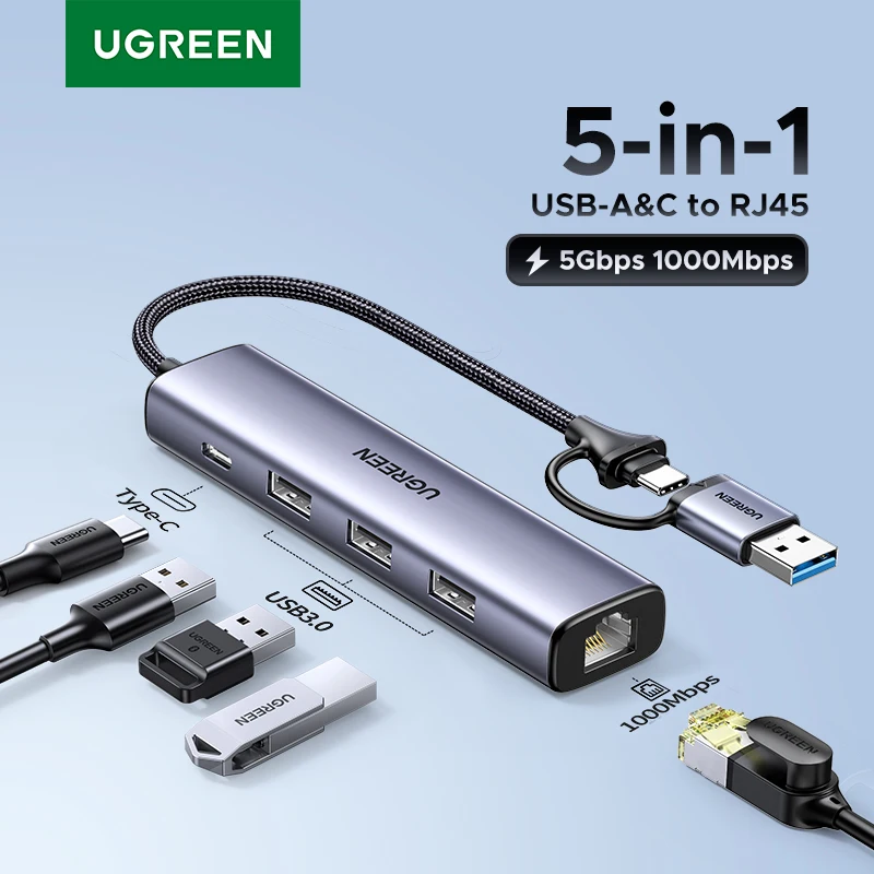 UGREEN Ethernet Adapter 5-in-1 Type-C to 1000Mbps RJ45 USB3.0 5Gbps Port USB-A Splitter for Laptop PC Windows macOS USB Expander