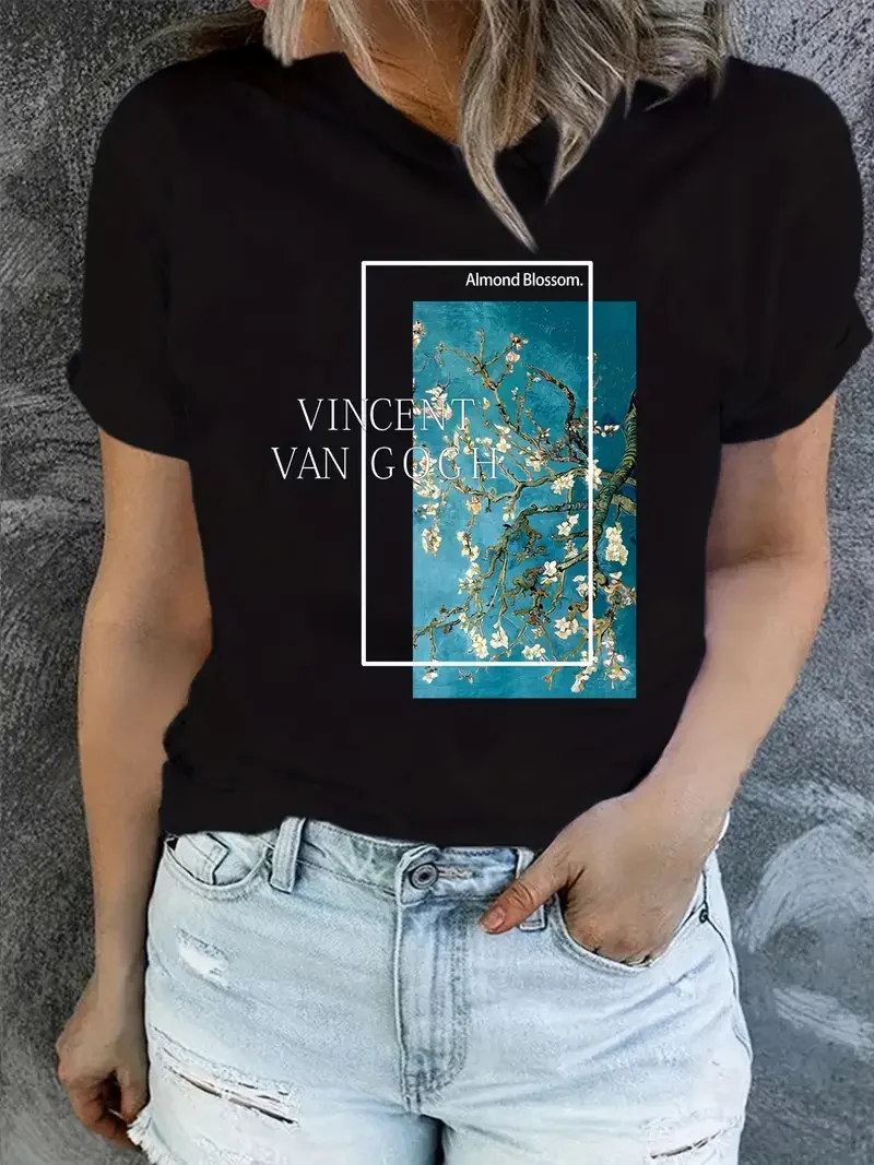 Camiseta divertida con estampado de Van Gogh para mujer, ropa informal Harajuku de manga corta con cuello redondo, moda de verano, 2024