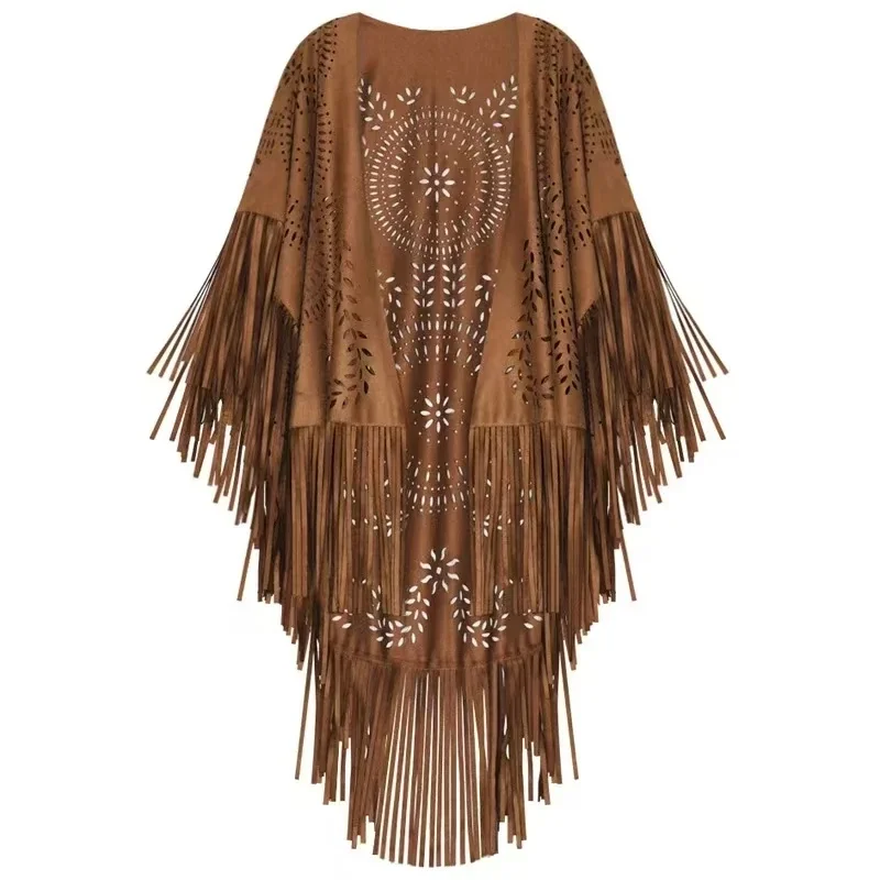 new Camel Suede Floral Hollow Out Fringe Tassel Shawl Women Vintage Capes Ponchos Autumn Bohemian cardigan Cloak Boho Capes