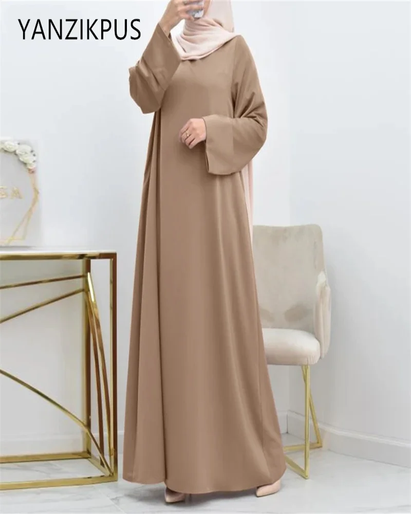 2024 New Fashion Muslim Women's Satin Skirt Middle Eastern Arab Robe Simple Solid Color Loose Round Neck Belt Large Long Sleeve