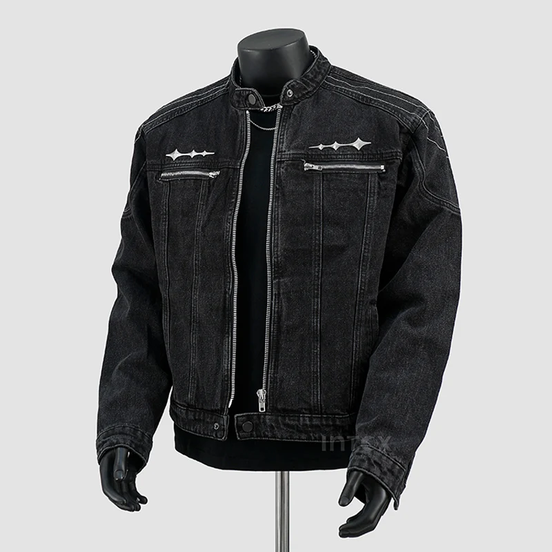 High Street Fashion Men Jacket Zipper Designer Retro Blue Stand Collar Bomber Jacket Men Biker Denim Coats Y2K Hip Hop Chaquetas