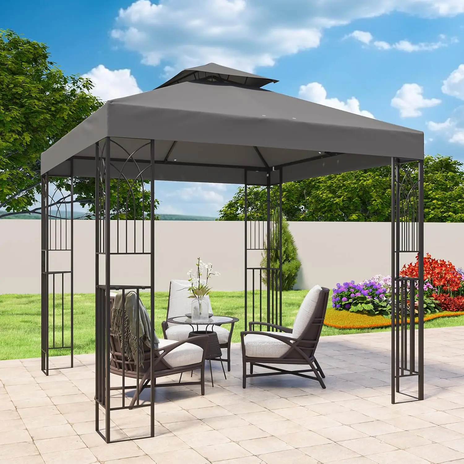 Patio Gazebo 8x8 with Corner Shelves, Double Roof Outdoor Pavilion for Lawn, Deck, Garden and Backyard, Gray, Customized