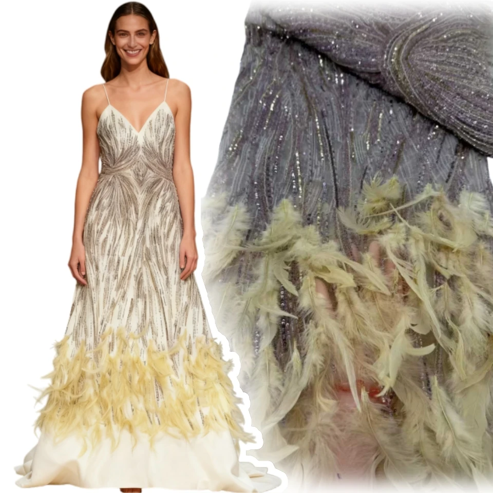 

2025 Высококачественная африканская кружевная ткань с блестками, сетчатая кружевная ткань, роскошная 3D тюль с вышивкой перьев, кружевная ткань для шитья Asoebi AH1805