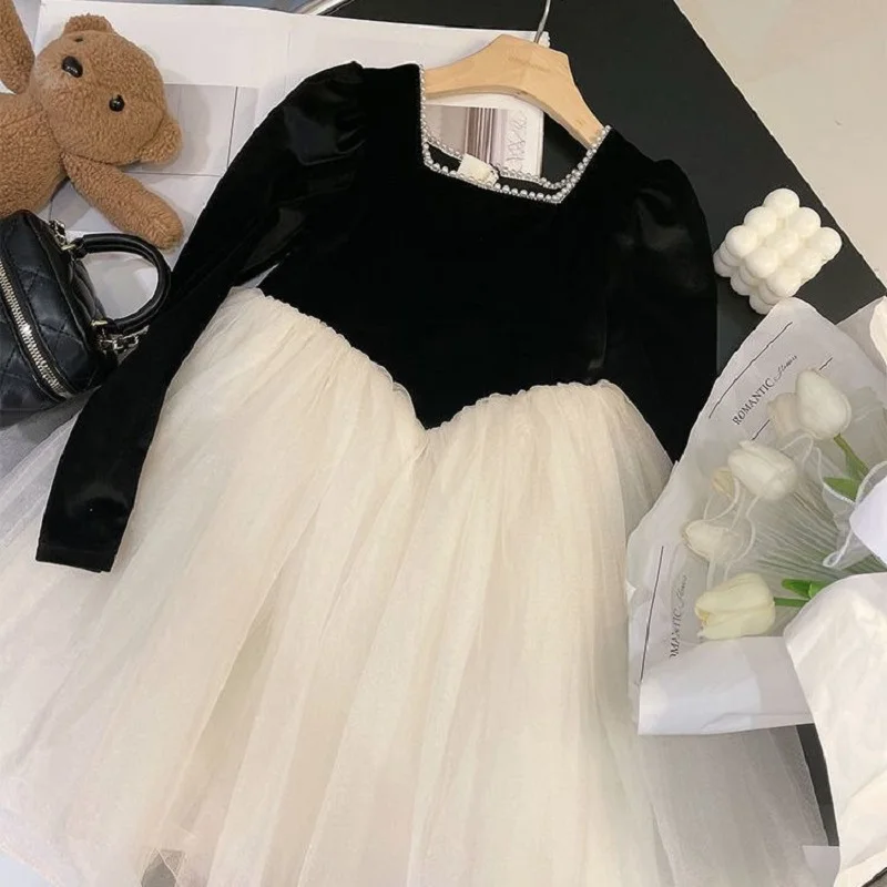 Baby Girl Princess Velvet Tutu Dress Long Sleeve Child Vintage Vestido Pearl Neck Party Birthday Pageant Xmas Baby Clothes 1-10Y