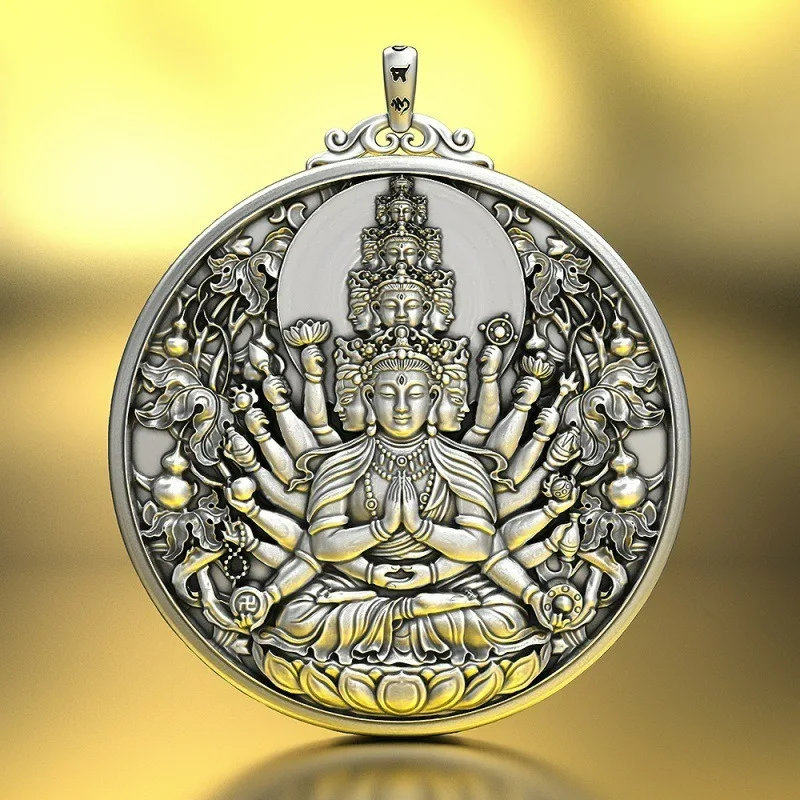 Solid Thousand-Hand Guanyin Buddha Pendant Necklace, Silver Bodhisattva Guardian Amulet for Men Women