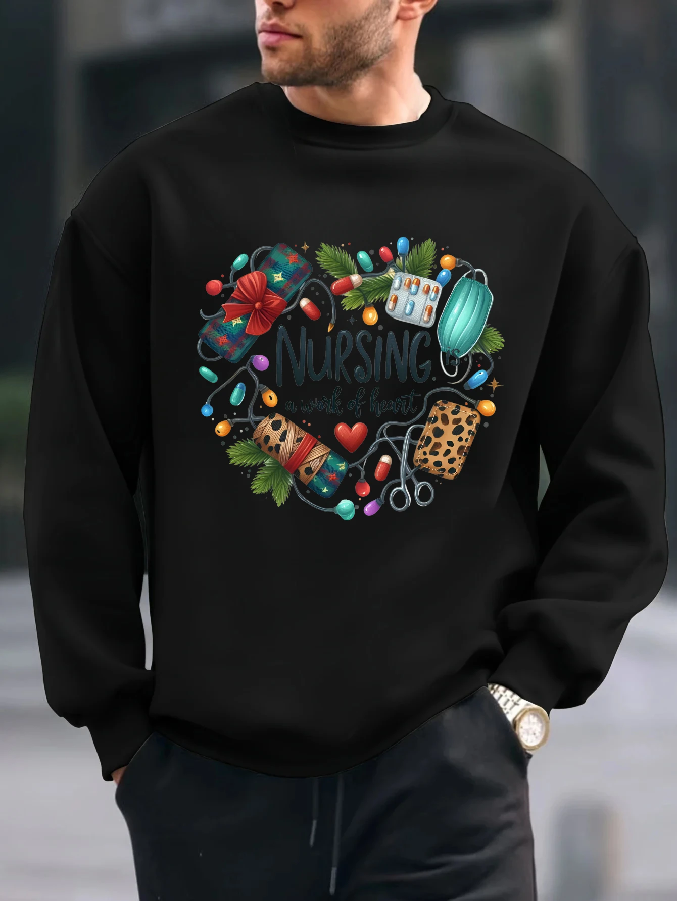 

2025 Heart-shaped garland graffiti print tops Mens Casual Long Sleeve T Shirt Spring And Autumn Christmas Comfortable Cotton Tee