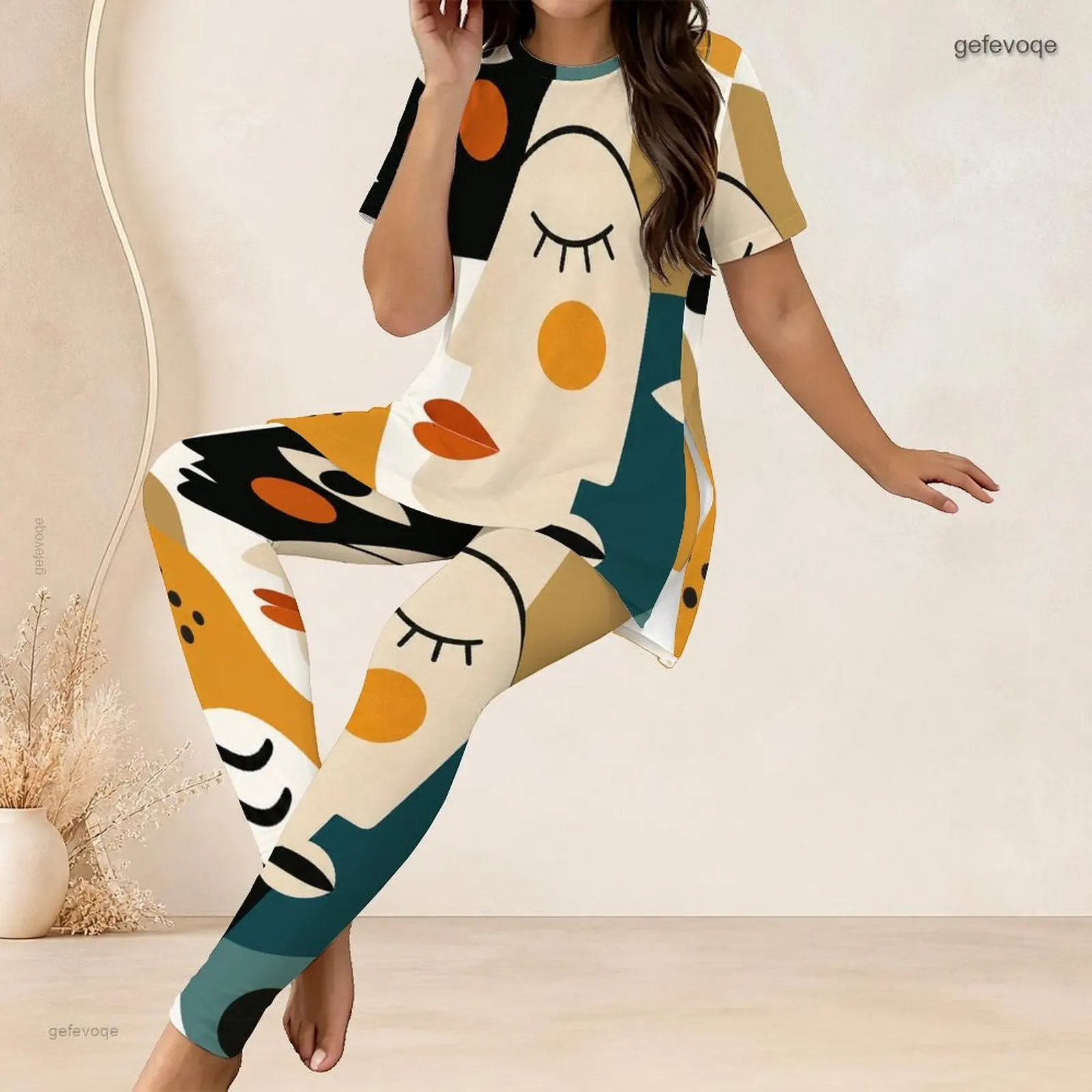 Women Pants Set with Print Round Neck Short Sleeve Longline Top Fitted Pants Two Piece