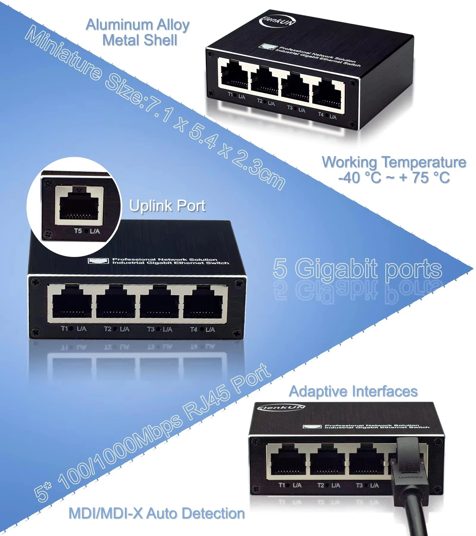 Mini Switch Ethernet para Desktop Design, 5-Port Gigabit, Switch Industrial, 10 Mbps, 100 Mbps, 1000 Mbps, Plug and Play, Hub de Rede