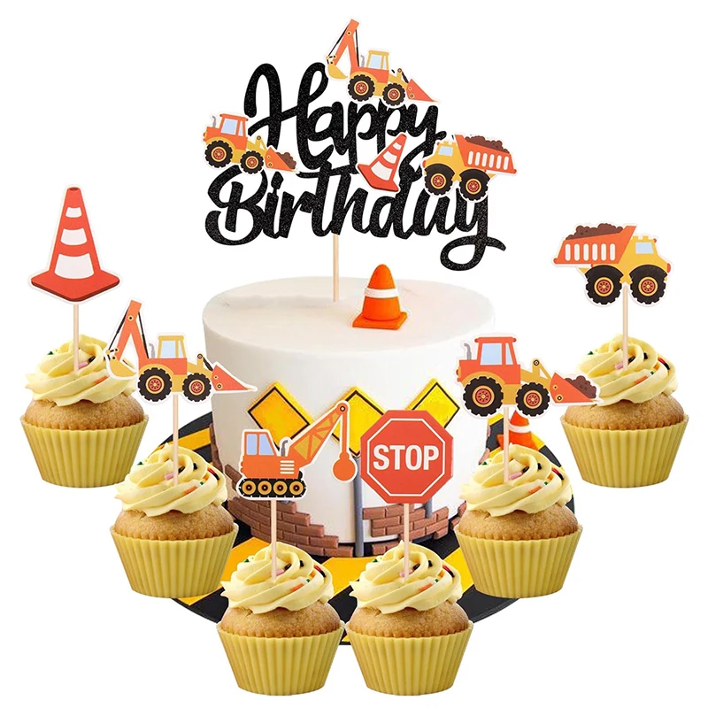 13pcs Construction Cupcake Toppers Birthday Party Decoration Boys Excavator Tractor Cupcake Topper Birthday Party Supplies