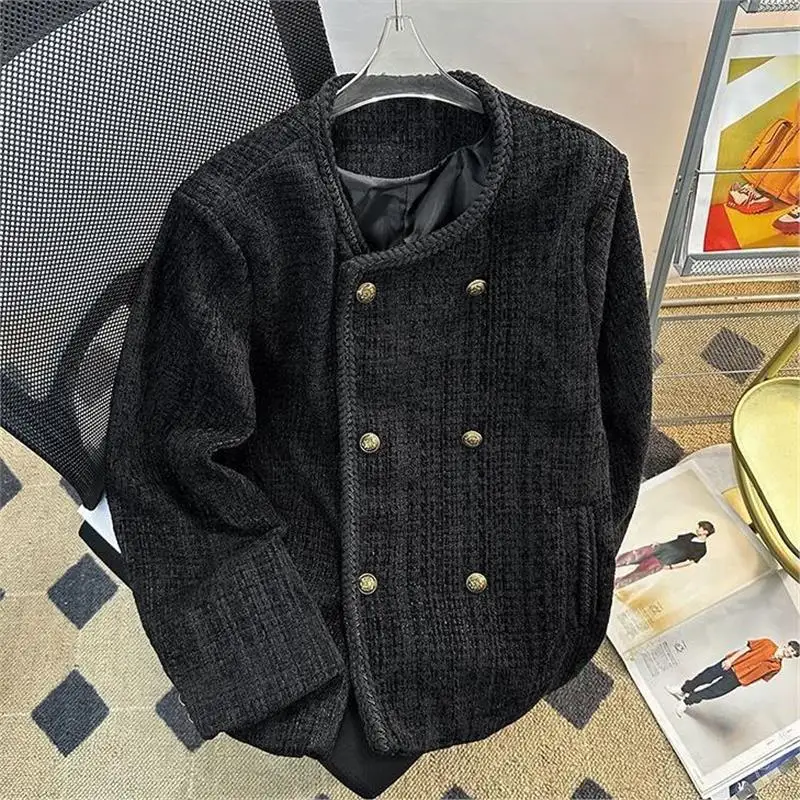 

Double-Breasted ort Men's Woolen Suit Jaet Trendy American Casual Top Spring Autumn Faionable Notch Lapel Slim Fit