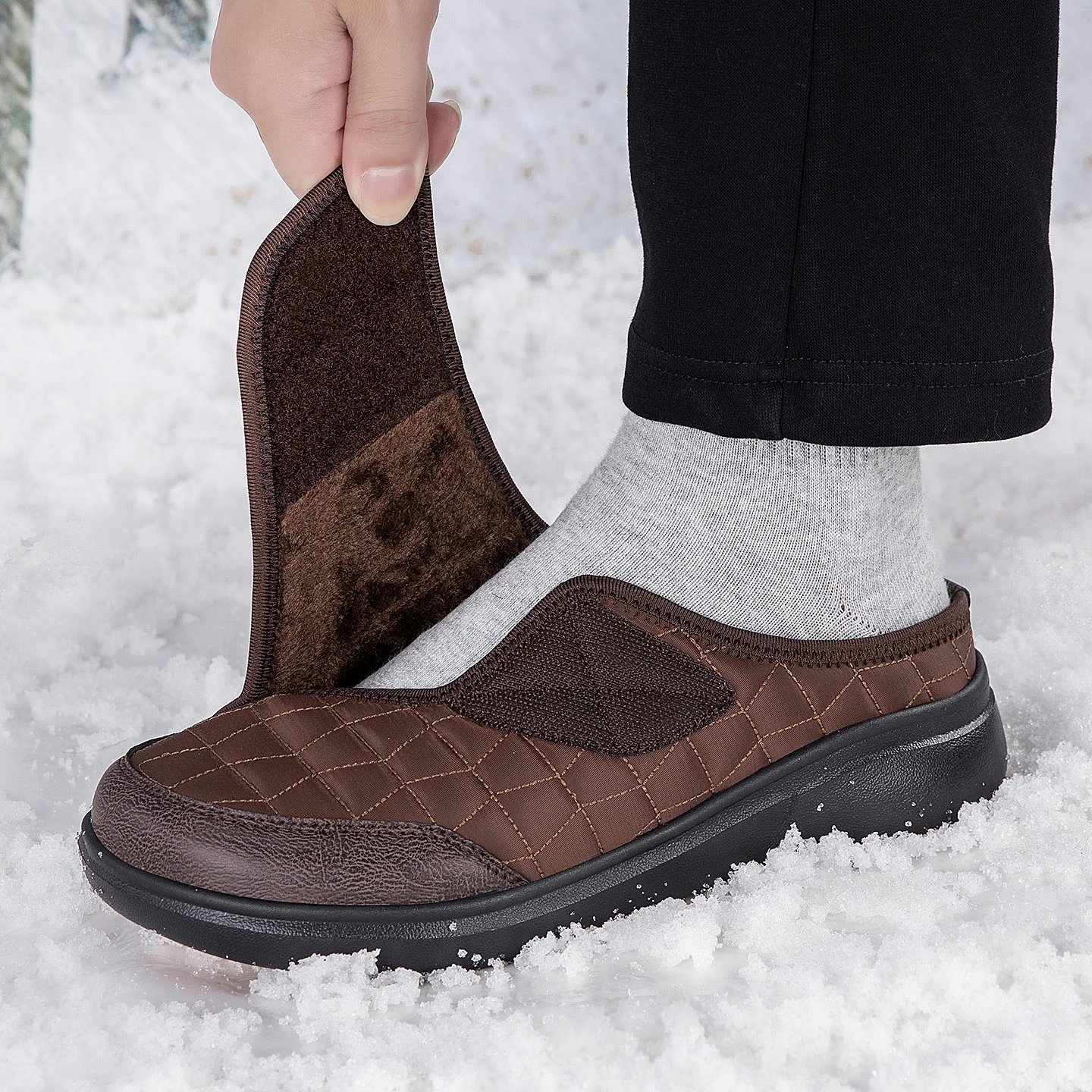 lderly Winter Cotton Shoes Adjustable Magic Tape Wide Toe Box Warm Plush Lining Non-slip Half Slippers for Swollen Feet