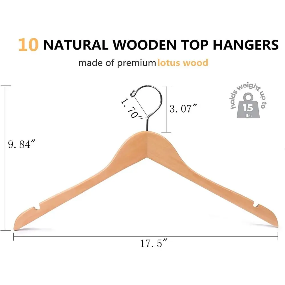 Natural Wooden Shirt Hangers, Premium Wood Coat Hangers, Set of 10 for Clothes and Bridal Wear