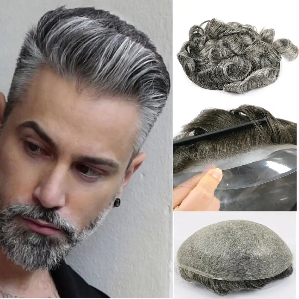 Men's Toupee Soft Silk Grey Durable Thin Skin V Loop 0.02 mm Full Skin Human Hair Undetected Capillary Prosthesis System