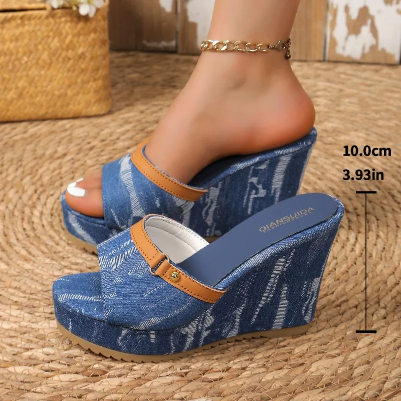 High Heels Denim Hausschuhe Damen Sommer neue Plus Size vielseitige Keil Plattform Flatform gerade Schnalle römische Schuhe