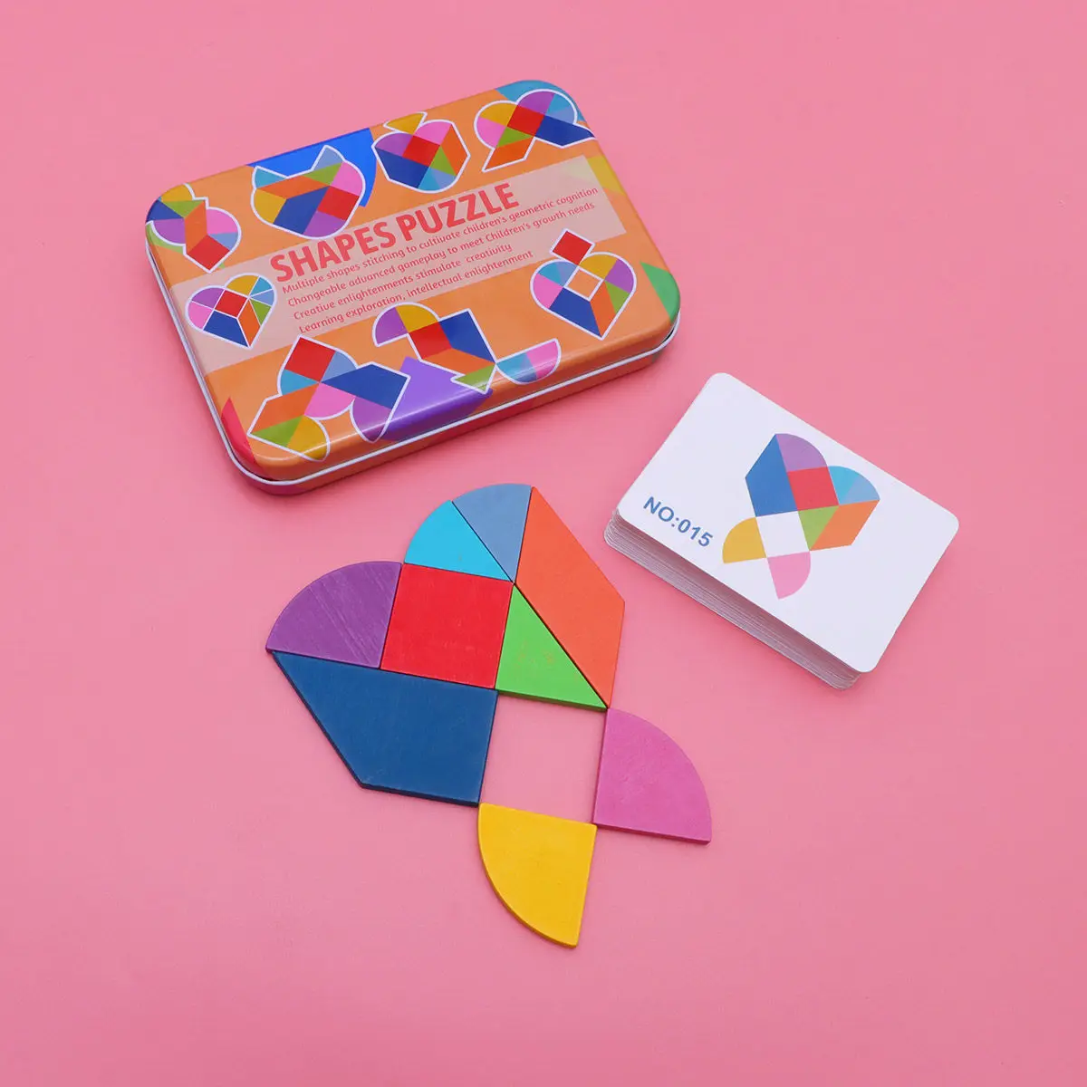 Wooden Tangram Puzzle Children Heart Design Educational Preschool Learning Shape Color Number Board Safe Baby 36 Months Plus