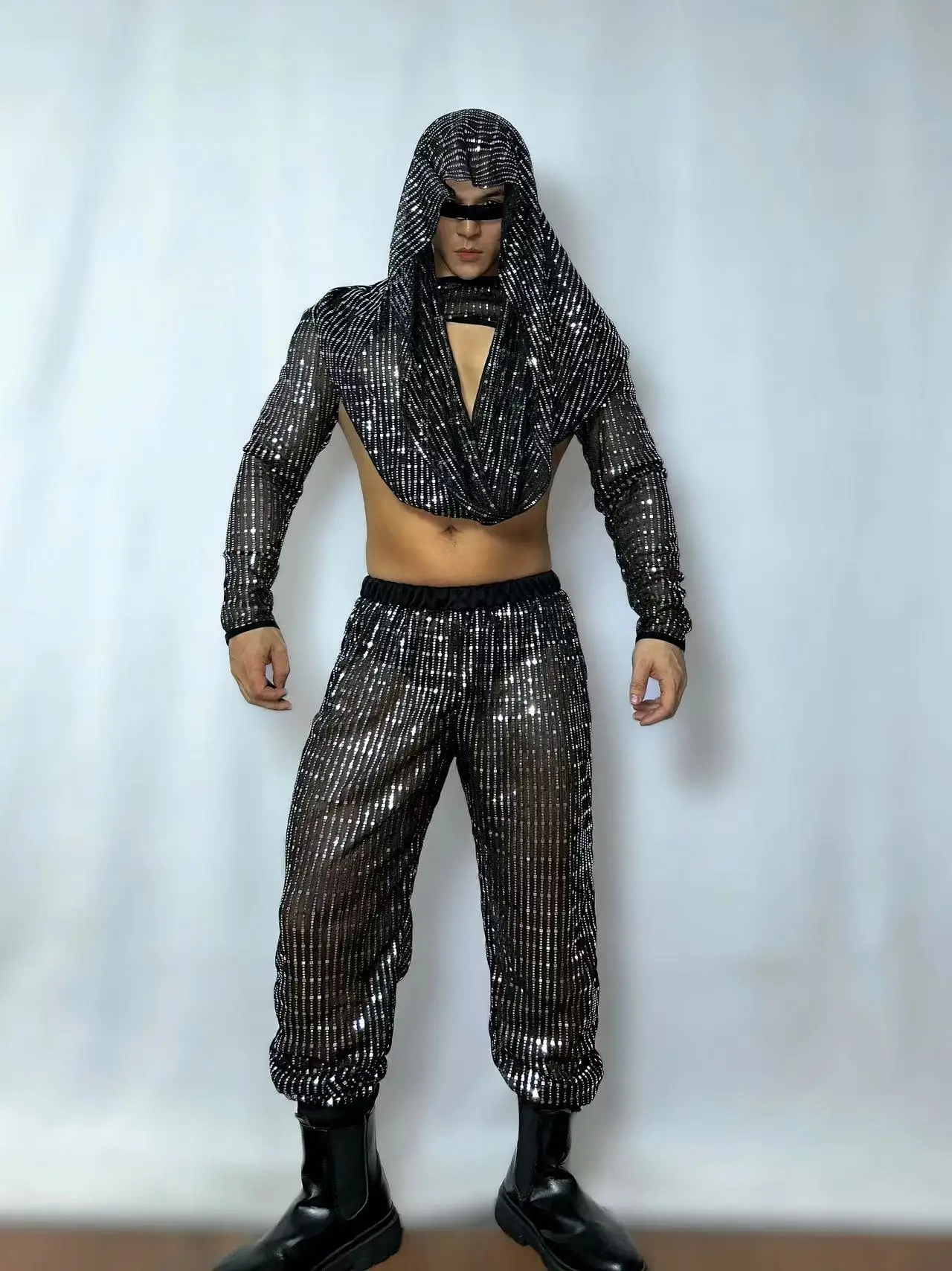 Zwarte Pailletten Uitsparing Top Transparante Broek Bar Nachtclub DJ Mannelijke Pole Dance Kleding Stage Rave Outfit Sexy Gogo Dance Kostuum