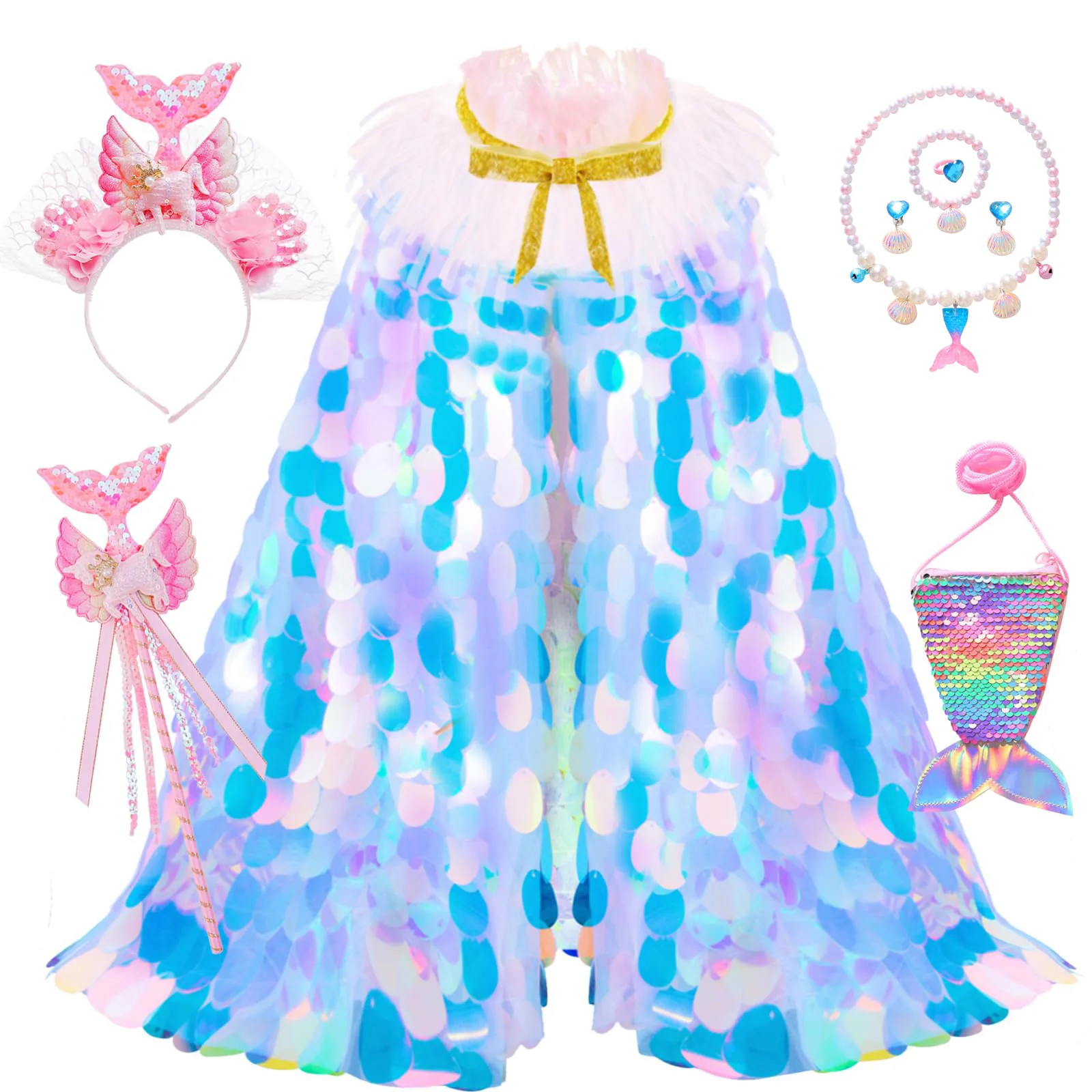 Girls Mermaid Sequin Cape Princess Ball Photography Dress Props Children's Costume with Crown Suit for Special Occasions