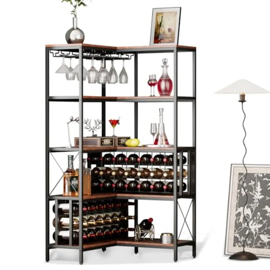 Large Corner Wine Rack 5 Tier L Shaped Industrial Freestanding Floor Bar Cabinets Liquor Storage Shelf with Hanging Wine Glass