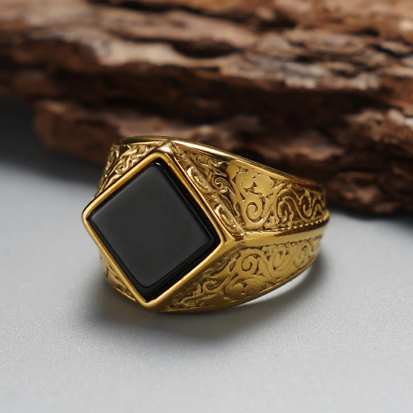 Vintage Gravierter Rhombus-Achat Herrenring, 316L Edelstahl Trendiger Statement-Schmuck – Detail 3