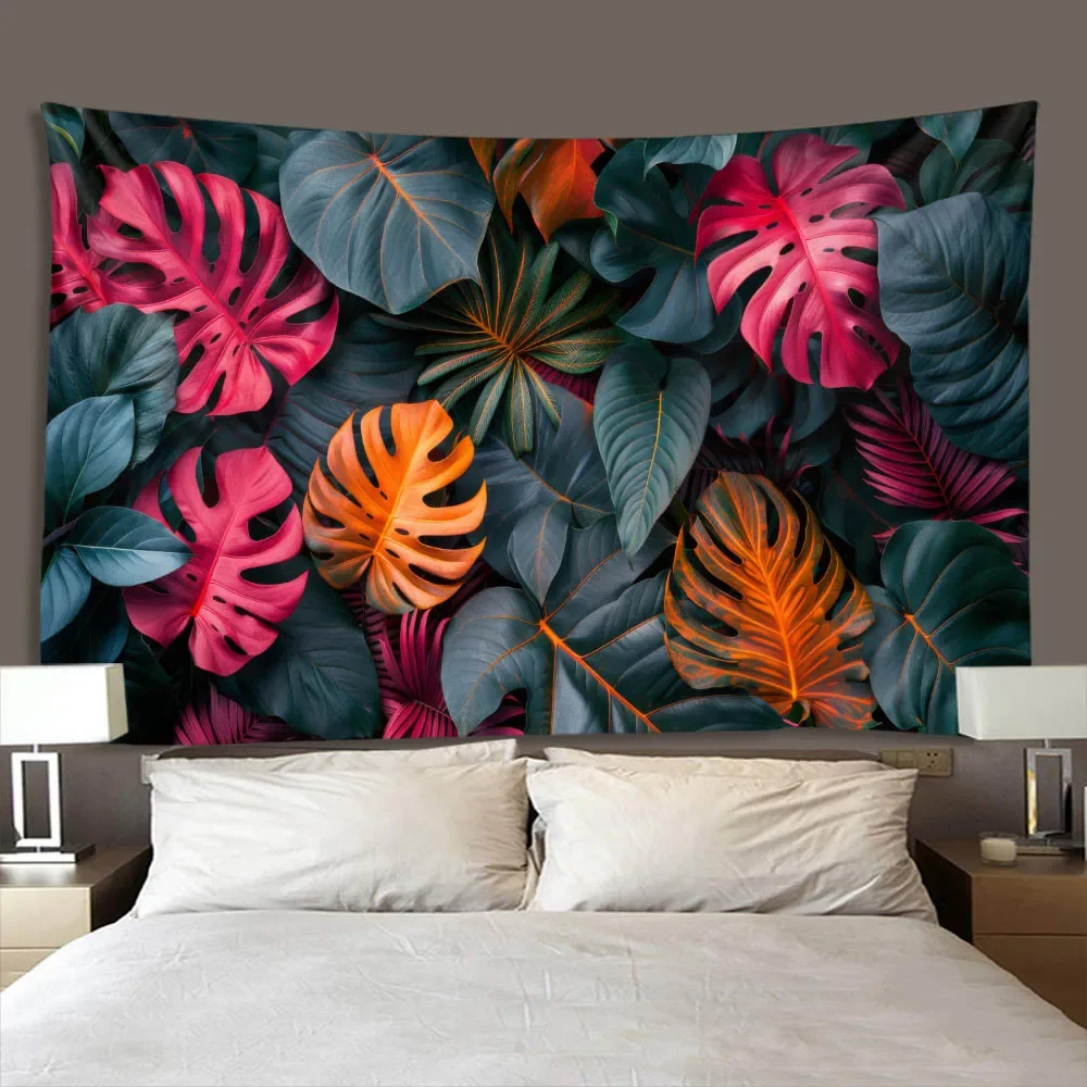 Bohemian Tropical Plants & Flowers Grand Tapestry Colorful Leaf Wall Art Golden Rose Boho Hanging Fabric Decoration