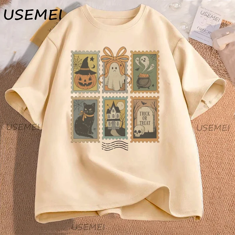 

Trick or Treat T Shirt Halloween Crewneck Vintage Short Sleeve T-shirt Halloween Aesthetic Ghost Spooky Season Tee Shirt Tops