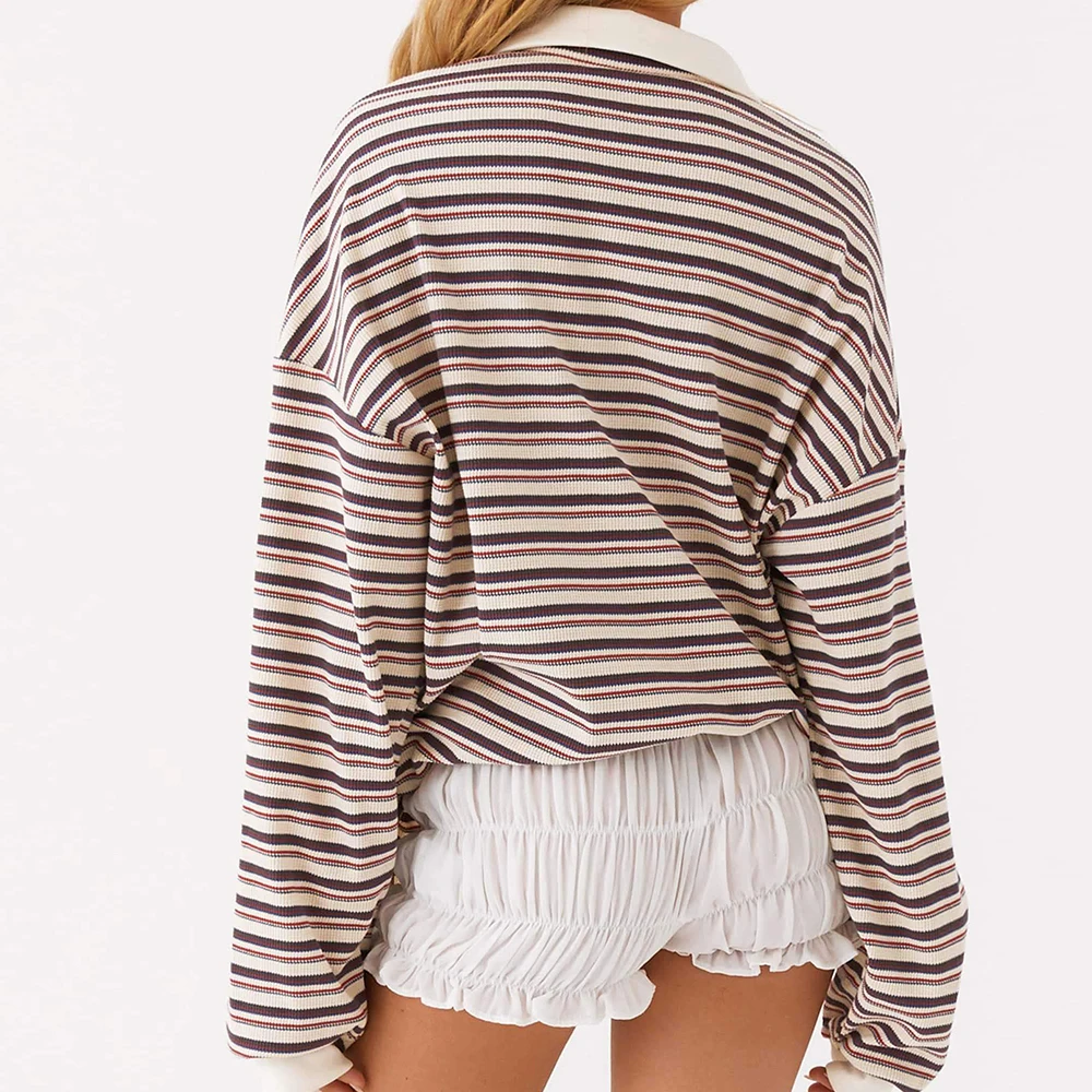 Gestreepte T-shirts Vrouwen Vintage Casual Turn-down Kraag Lange Mouw Losse Truien Vrouwelijke Herfst Chic Straat Shirts Tops Kleding