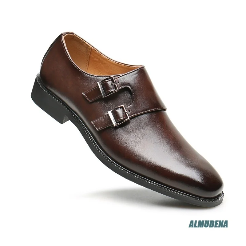 Dark Brown Men's Round Toe Double Strap Dress Shoes Street Style Fashion Business Wedding Formal Daily Wear Casual Shoes
