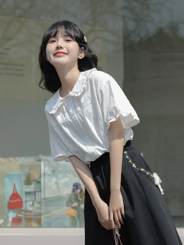 Shirts Women Peter Pan Collar Designer White Temper Clothing Korean Fashion Рубашки Thin Summer Kawaii Girlish Preppy INS