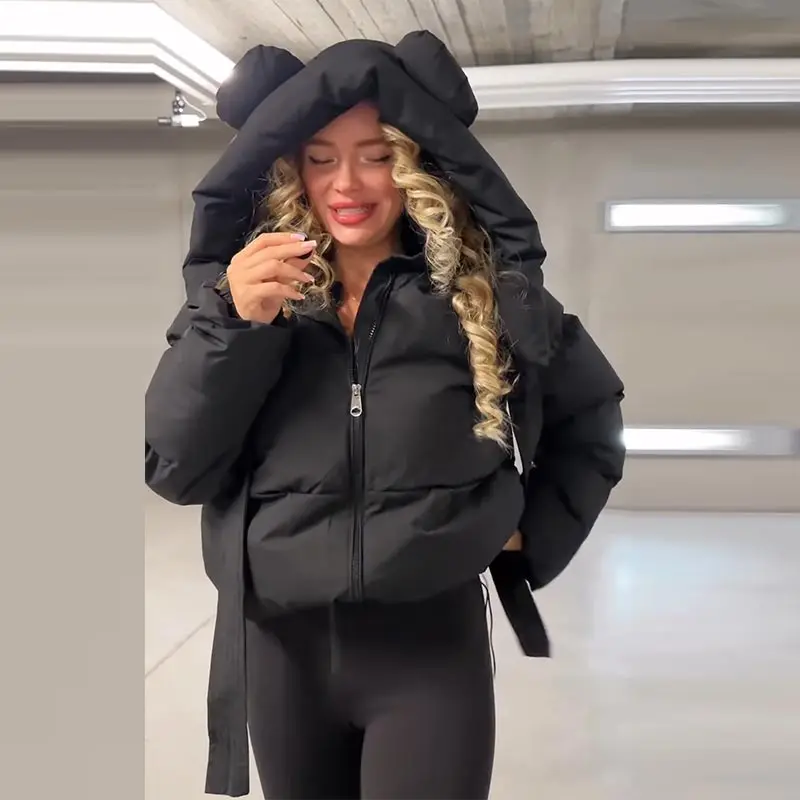 Modische Einfarbige Damen-Steppjacke mit Kapuze, Reißverschluss, Langen Ärmeln, Kurzer Schnitt, Locker Geschnitten, Schick, 2026 Herbst Winter Neue Streetwear für den Alltag – Detail 7