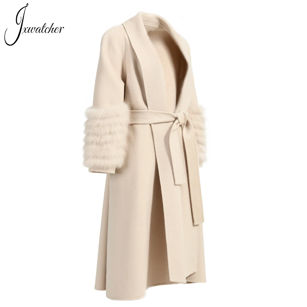 Jxwatcher Women Winter High Quality Cashmere Long Coat Natural Fox Fur Cuffs Ladies Elegant Belt Slim Wool Blend Trench Coats