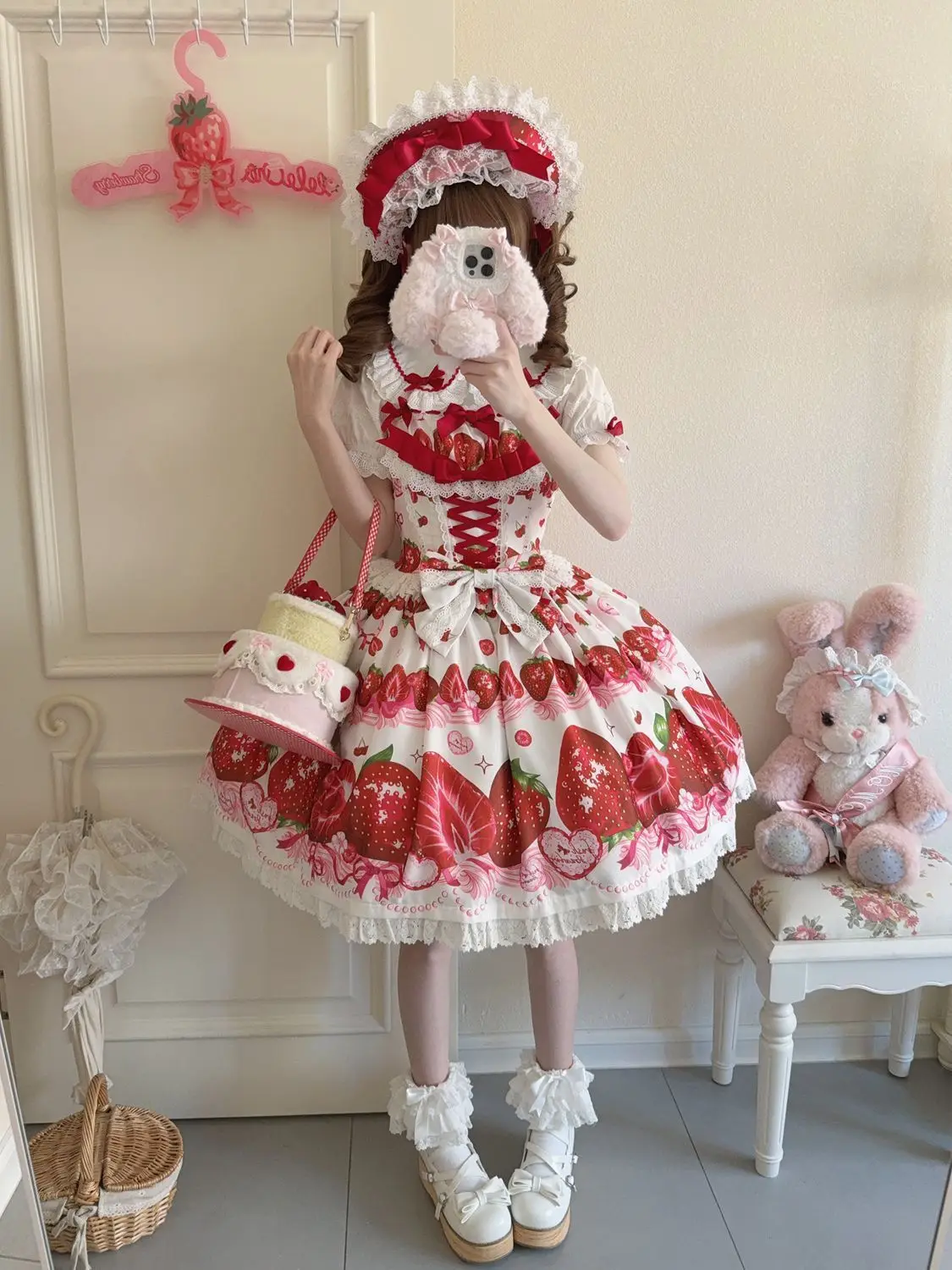 اليابانية الحلو لوليتا الفراولة الحمالة فستان المرأة Kawaii لطيف طباعة Jsk تأثيري فساتين حفلات الأميرة فستان خمر