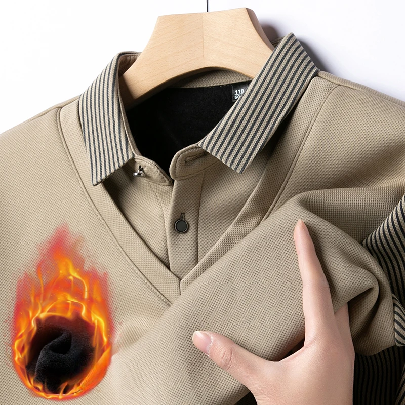 Men\'s Winter Fleece Fake Two Piece T-shirt Button Striped Polo Shirt Long Sleeve Fashion Casual Thicken Solid Lapel Male Tops