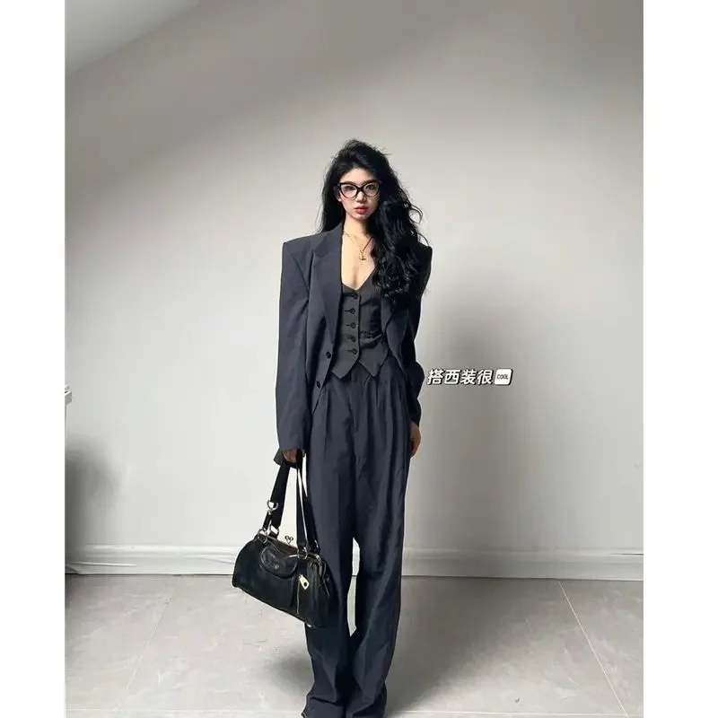 Insozkdg Blazer Pants Set Long Suit  V-neck Vest Casual  Coats Office Lady Outfits Three Pieces  Female Clothing