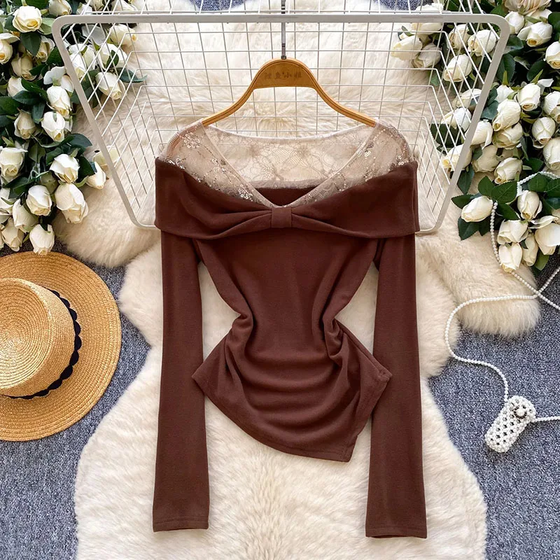 

Sequins Lace Mesh Tops Full Sleeves Ruched Autumn Slim Versatile Bottoming Shirt Women Irregular Hem Flirty Blouse