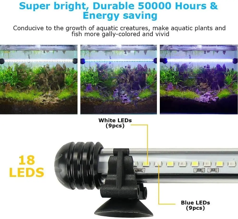 Fish tank LED lights aquarium plant lights automatic on/off submersible white and blue with timer and dimming function