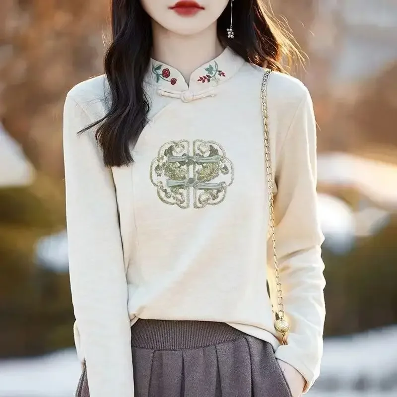 

Chinese Style Autumn Winter Women's Stand Collar Embroidery Printing Fashion Long Sleeve Loose Pullovers Bottoming Shirt Tops