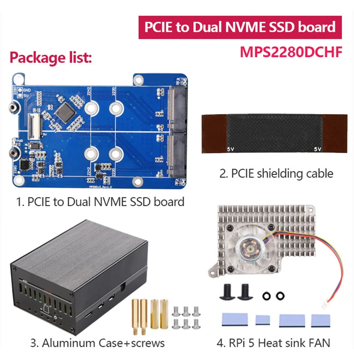 Новый охлаждающий вентилятор MPS2280D + корпус + Pi5 для Raspberry Pi 5 PCIE-M.2 Dual NVME SSD HAT Поддержка 2280/2242/2230 SSD