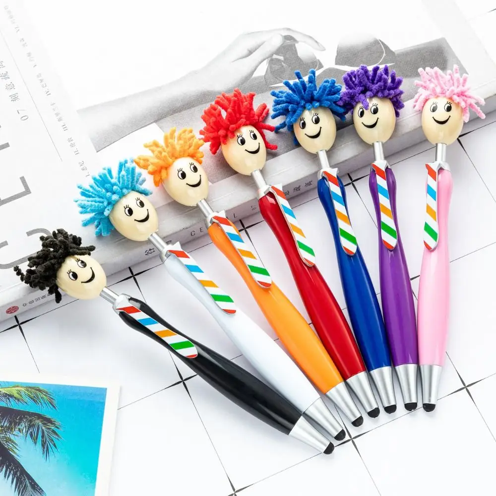 Plush Hair Mop Head Painting Ballpoint Pens Facial Expression Cartoon Doll Shaped Ballpoint Pens Colorful Smiling Face