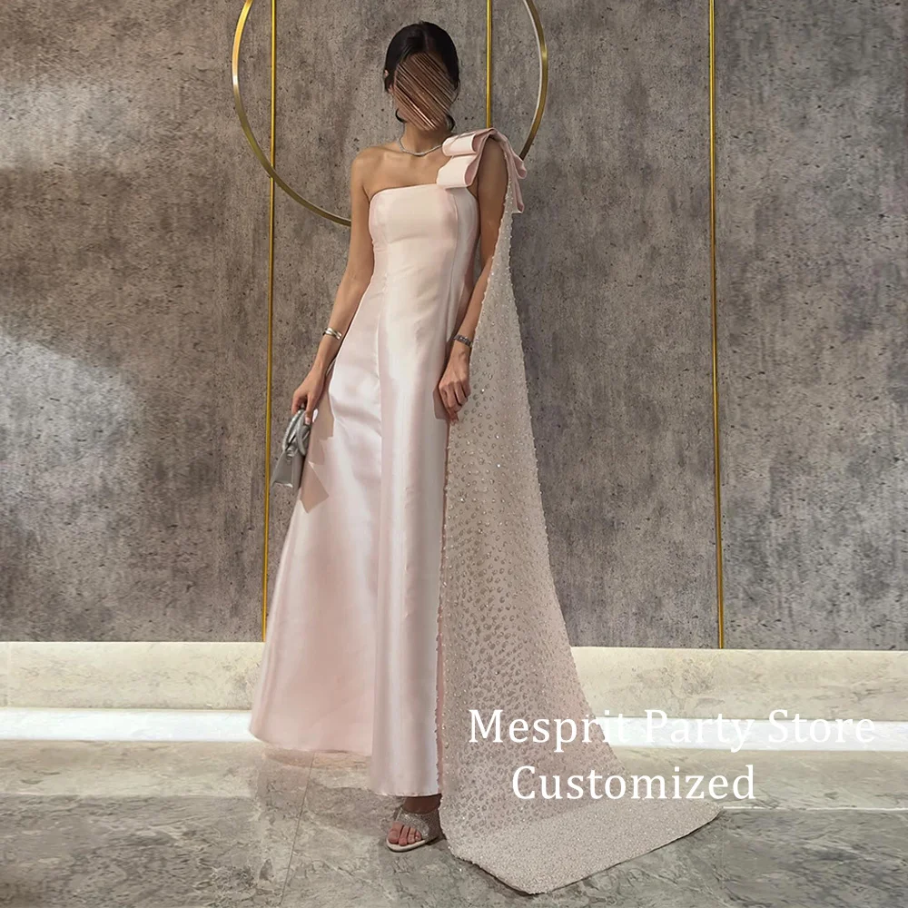 Pale Pink Evening Dress Saud Arab Prom Gown Customized One Shoulder Sleeveless Sparkling Beading Sequined Satin Party Dresses