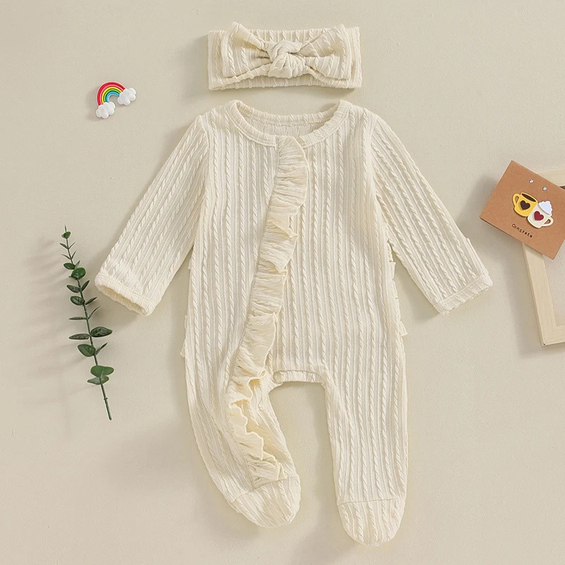 Newborn Baby Girl Outfits Clothes Knit Jumpsuit Ruffle Romper Newborn Coming Home Outfit for Baby Girl Fall Winter