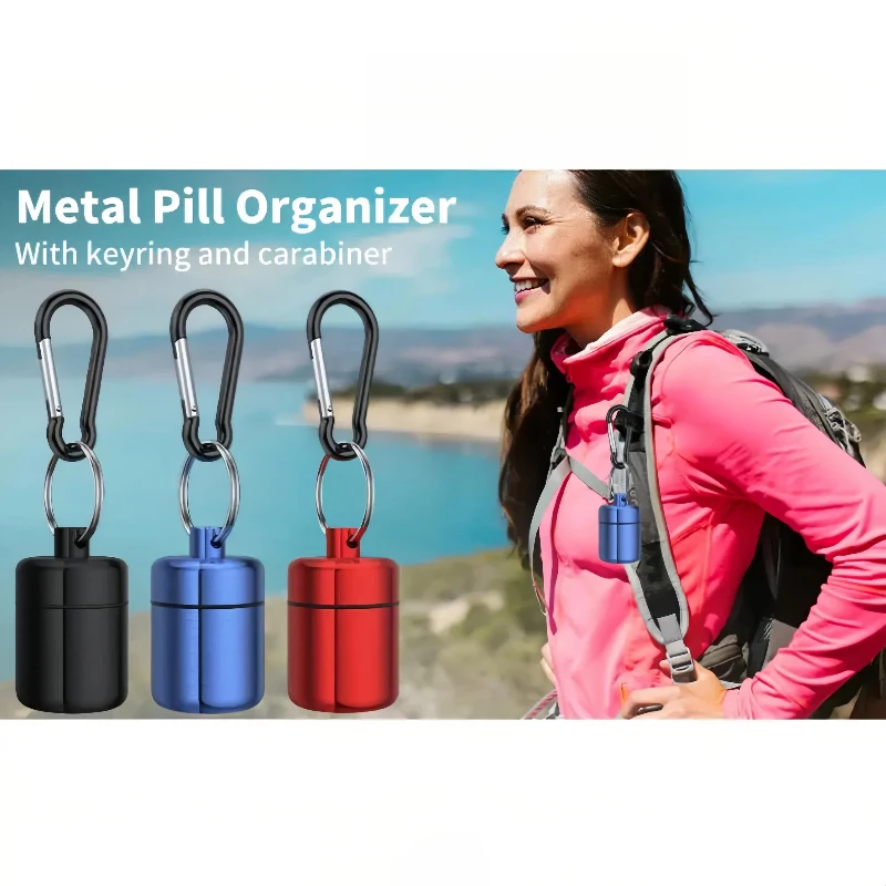 Portable Metal Pill Box with Carabiner, Airtight and Moisture-Proof Storage Box, Mini Pill Bottle, Portable Pill Box for Travel